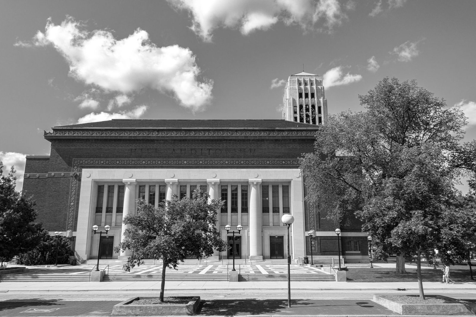 Black and white photo of Hill Auditorium, a historic building in Ann Arbor, Michigan.